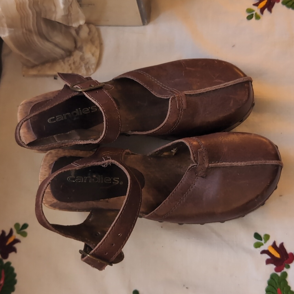 Clarks Brown Leather Clog Mules with Ankle Strap